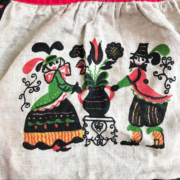 Vintage Dutch pilgrim style linen cloth tie apron screen printed German folk - Picture 2 of 5